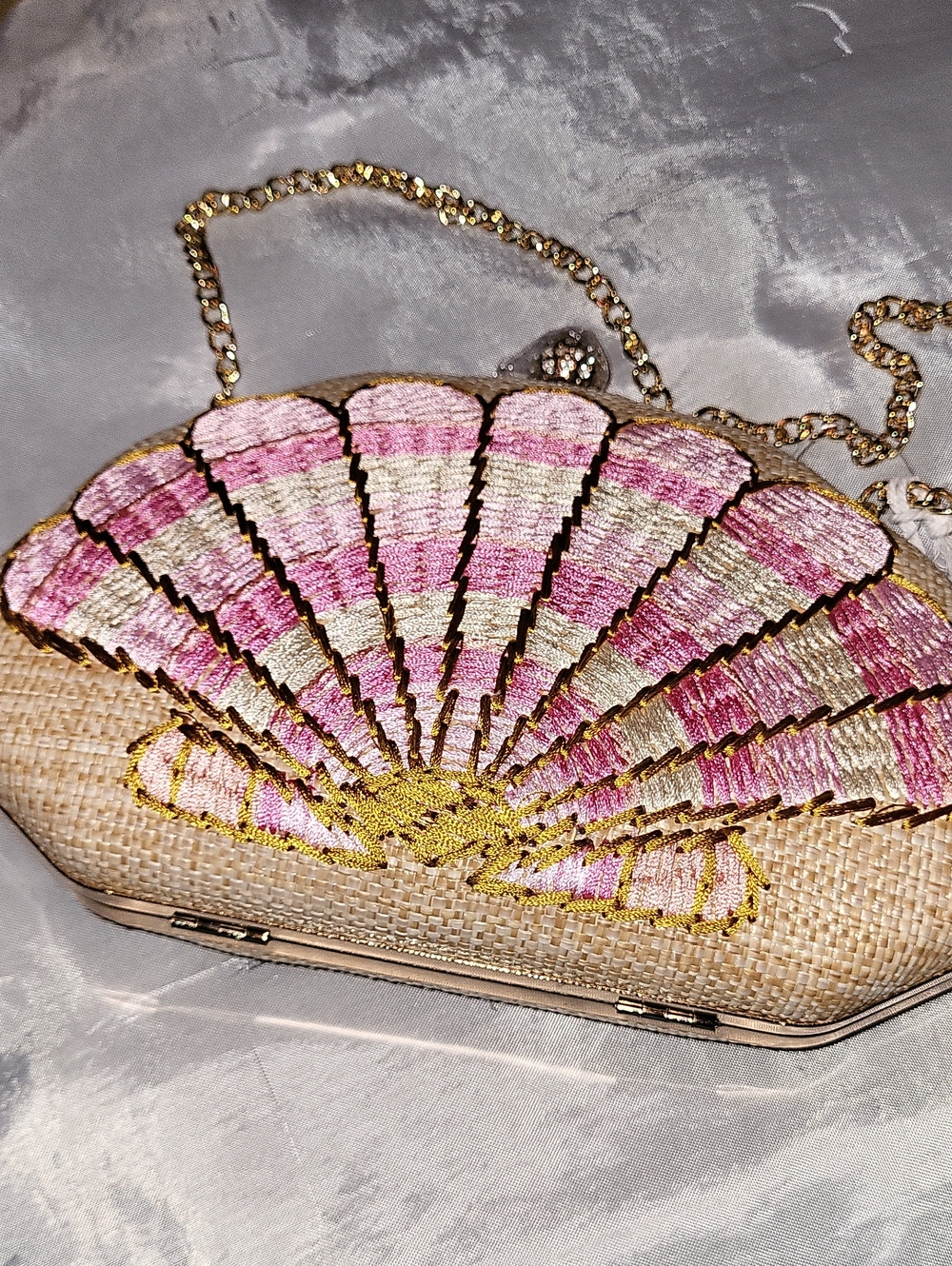 Haute Hippie Pink and Cream Shell Embroidered Chain Clutch